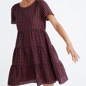 Madewell Pink and Navy Blue Checkered Tiered Mini Dress